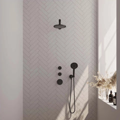 BRAUER Black Edition thermostatische inbouw regendouche SET 07 met 20 cm douchekop en rechte muurarm en 3-standen handdouche en doucheslang en wandaansluitbocht mat zwart