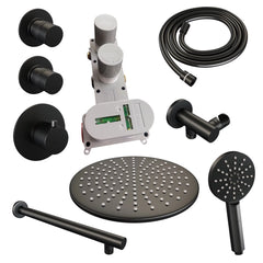 BRAUER Black Edition thermostatische inbouw regendouche SET 08 met 30 cm douchekop en rechte muurarm en 3-standen handdouche en doucheslang en wandaansluitbocht mat zwart