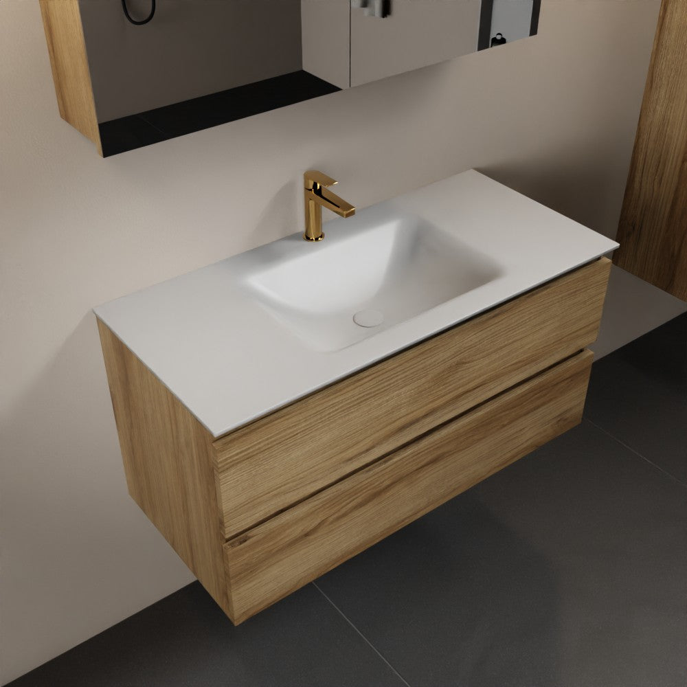 MONDIAZ AIVY 100cm badmeubel Chai, wastafel Talc solid surface midden 1 kraangat met spiegelkast