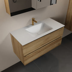 MONDIAZ AIVY 100cm vanity unit Chai, Talc solid surface basin central 1 tap hole with mirror cabinet