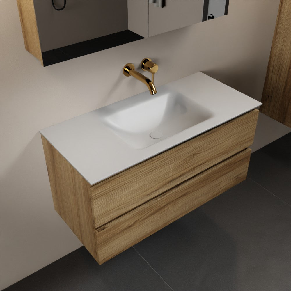 MONDIAZ AIVY 100cm badmeubel Chai, wastafel Talc solid surface midden zonder kraangat met spiegelkast