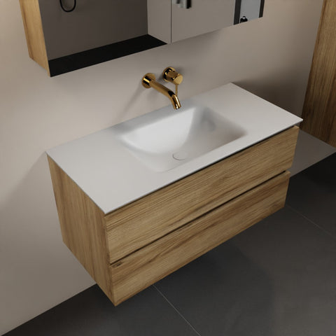 MONDIAZ AIVY 100cm badmeubel Chai, wastafel Talc solid surface midden zonder kraangat met spiegelkast
