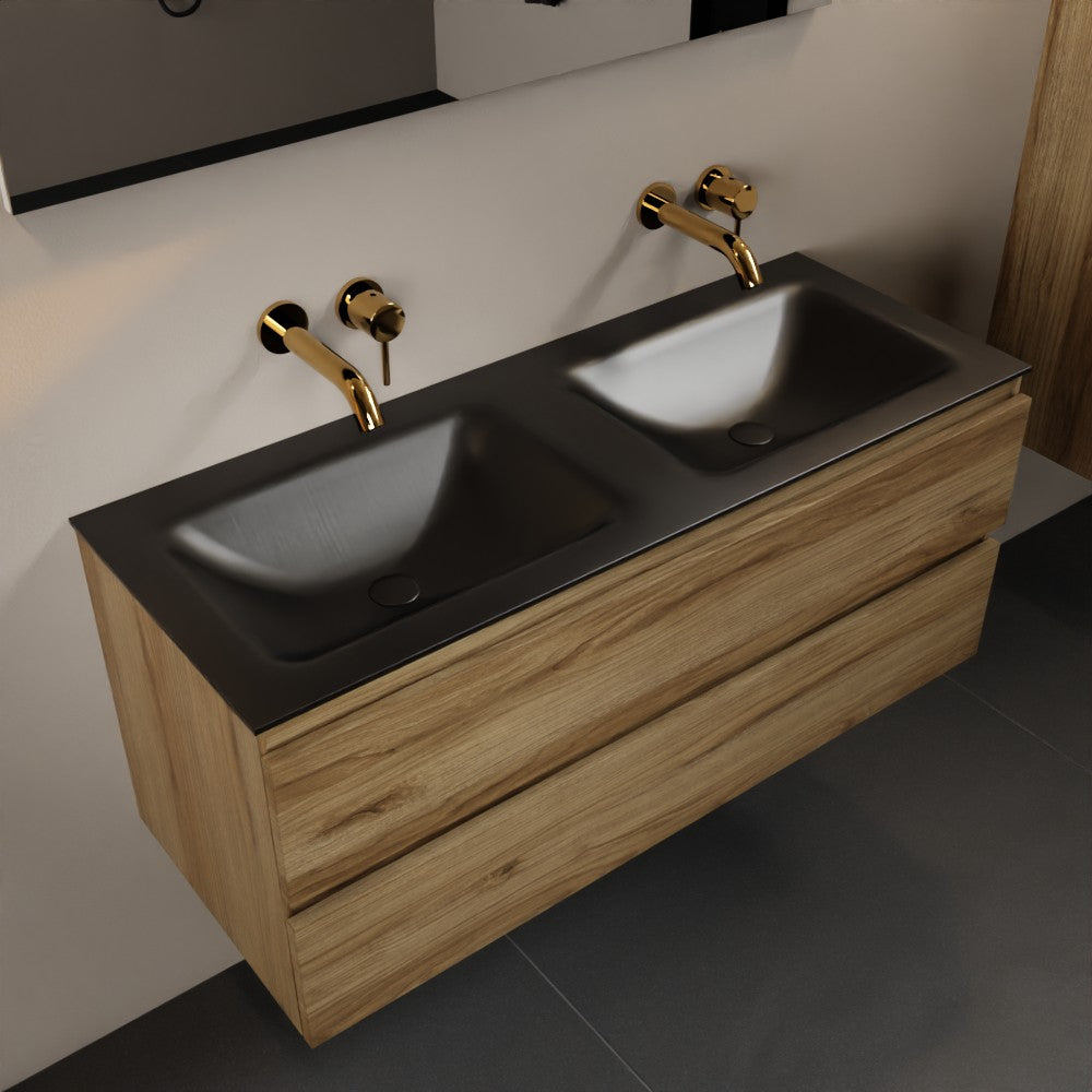 MONDIAZ AIVY 120cm badmeubel Chai, wastafel Urban solid surface dubbel zonder kraangat met spiegel