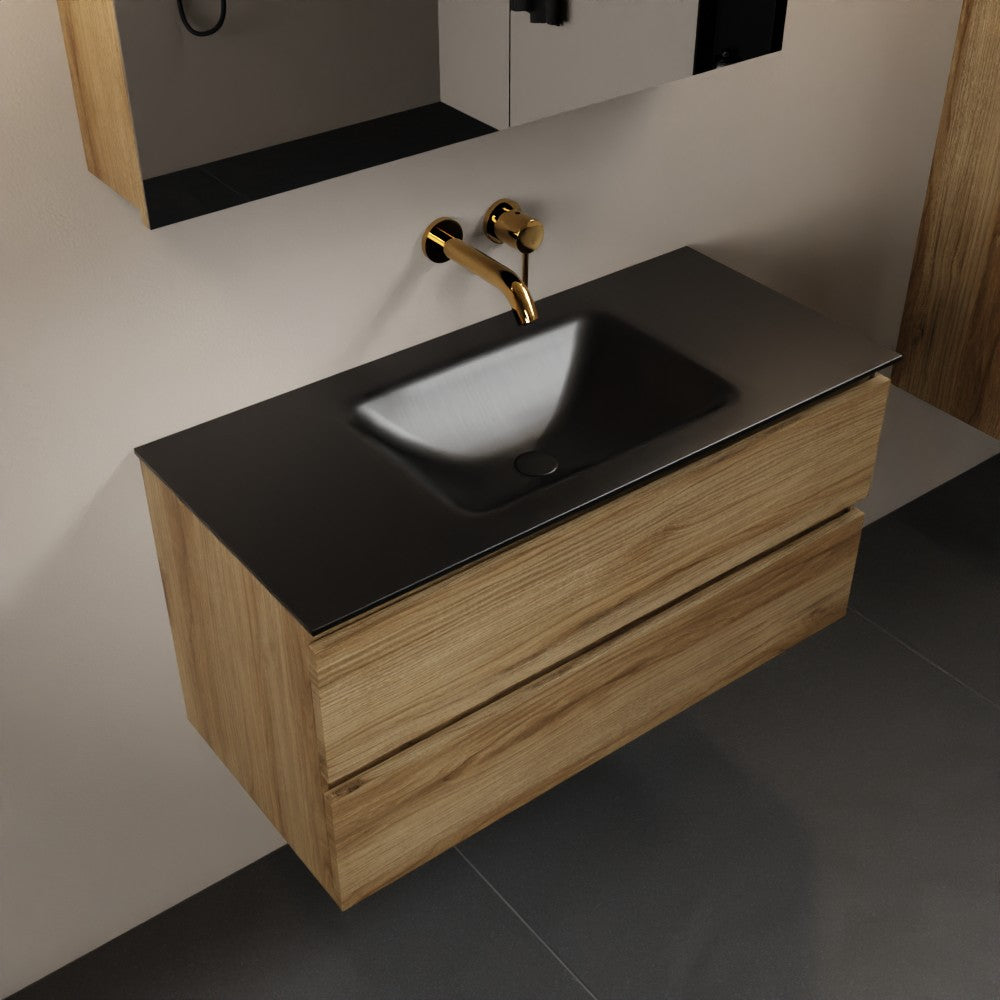 MONDIAZ AIVY 100cm badmeubel Chai, wastafel Urban solid surface midden zonder kraangat met spiegelkast