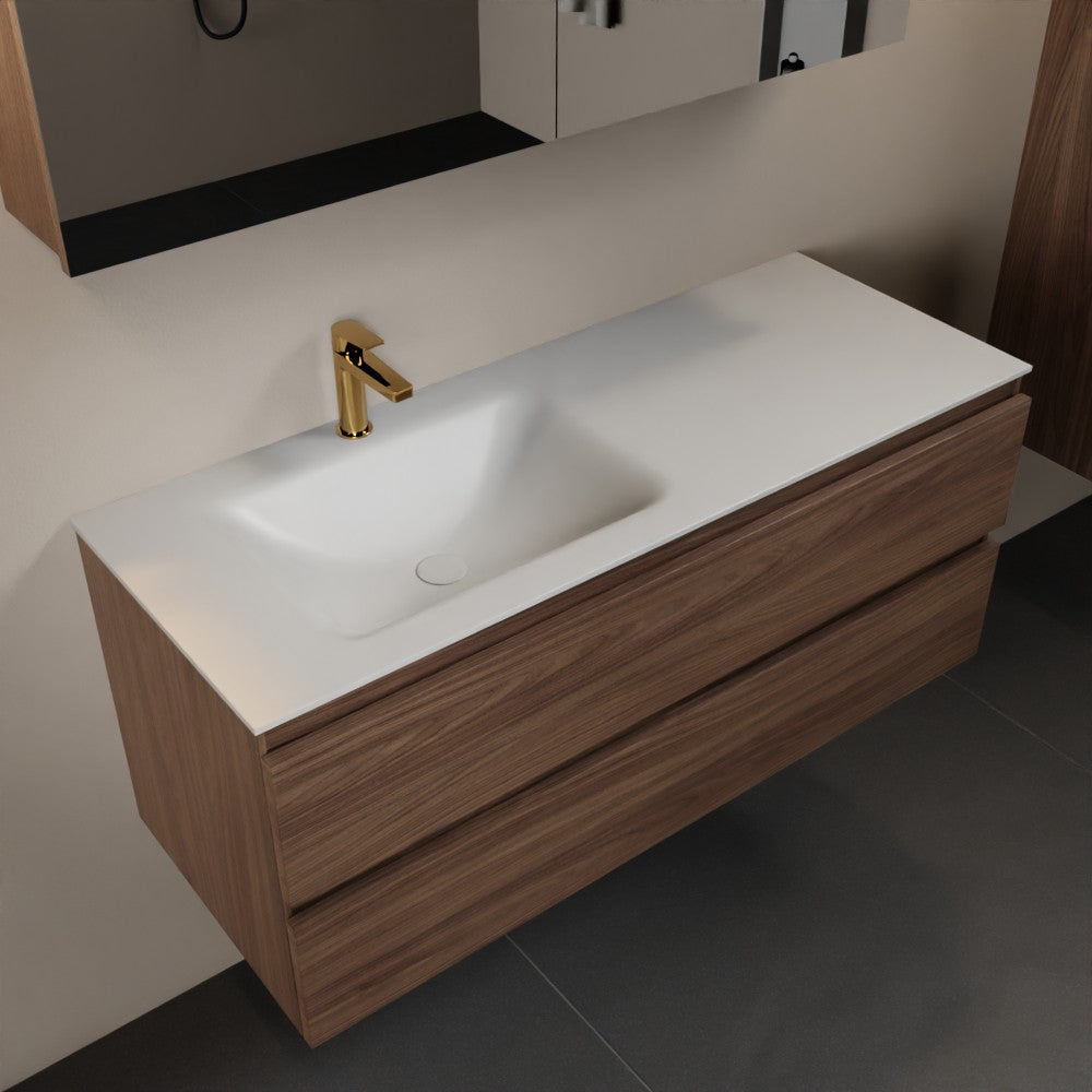MONDIAZ AIVY 120cm badmeubel Mocha, wastafel Talc solid surface links 1 kraangat met spiegelkast