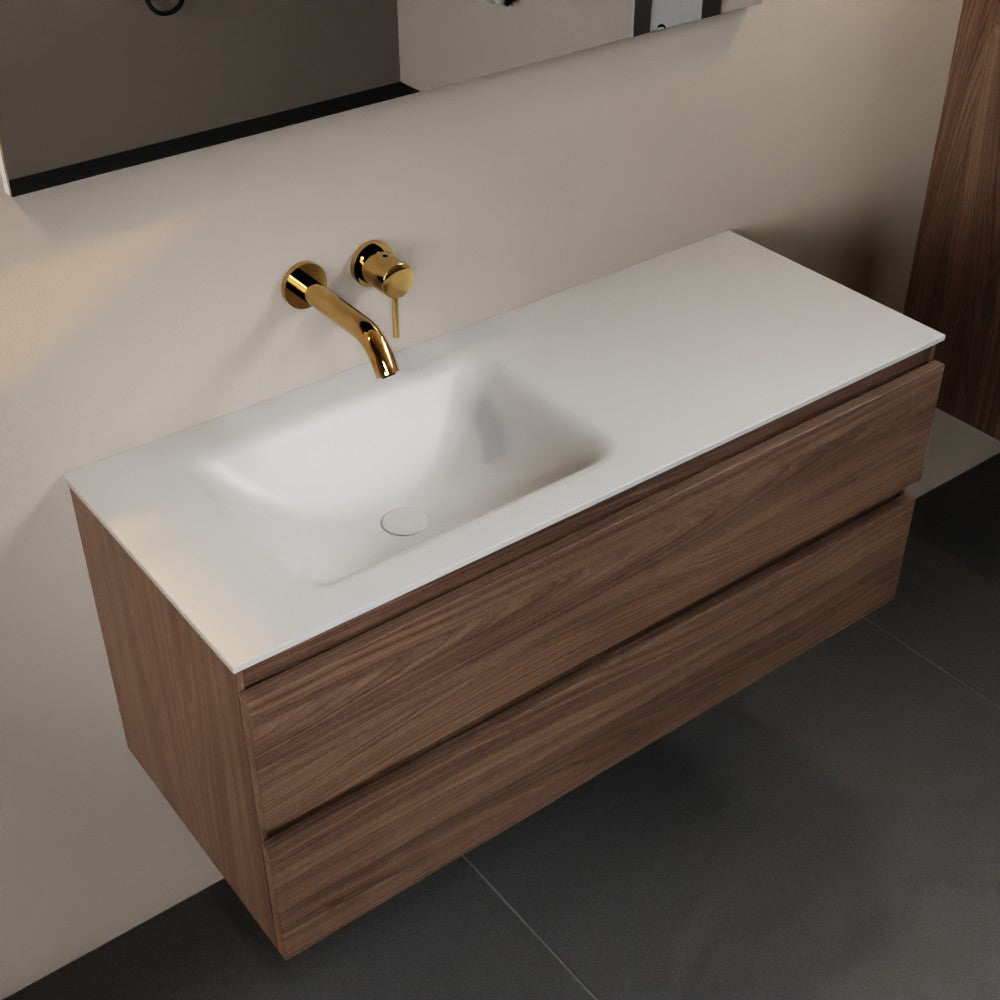 MONDIAZ AIVY 120cm badmeubel Mocha, wastafel Talc solid surface links zonder kraangat met spiegel