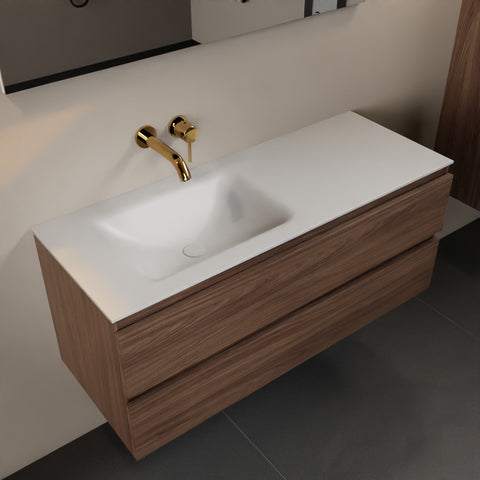MONDIAZ AIVY 120cm badmeubel Mocha, wastafel Talc solid surface links zonder kraangat met spiegel