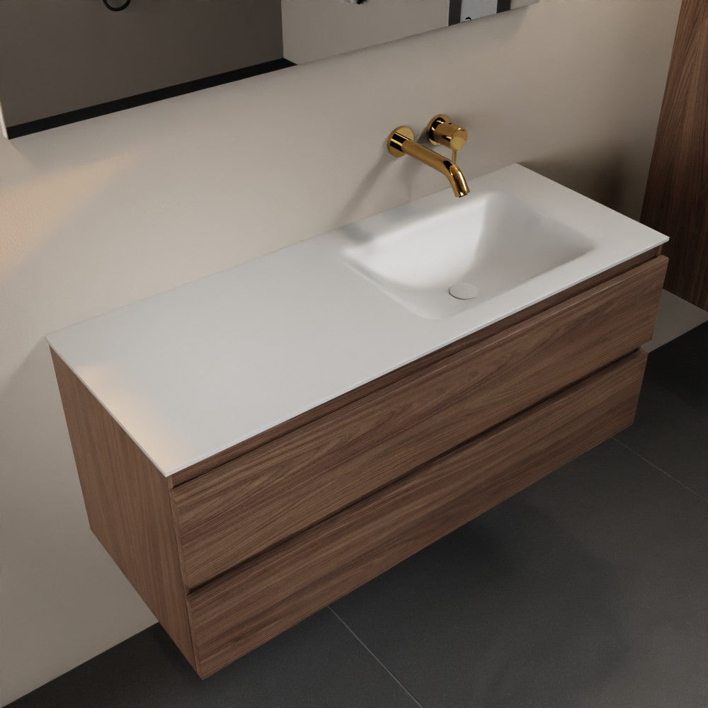 MONDIAZ AIVY 120cm badmeubel Mocha, wastafel Talc solid surface rechts zonder kraangat met spiegel