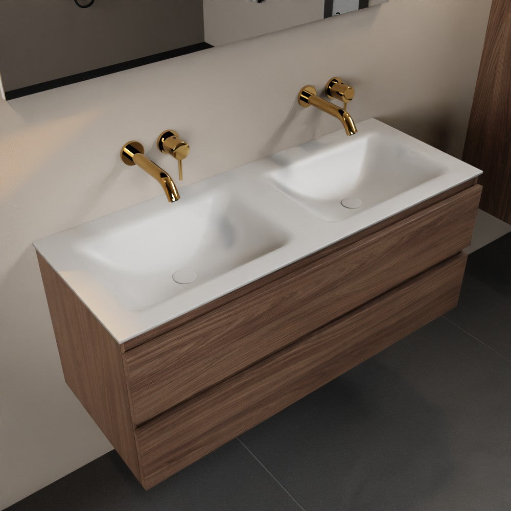 MONDIAZ AIVY 120cm badmeubel Mocha, wastafel Talc solid surface dubbel zonder kraangat met spiegel