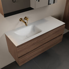 MONDIAZ AIVY 120cm badmeubel Mocha, wastafel Talc solid surface links zonder kraangat met spiegelkast