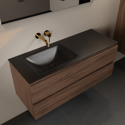 MONDIAZ AIVY 120cm badmeubel Mocha, wastafel Urban solid surface links zonder kraangat met spiegel