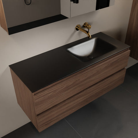 MONDIAZ AIVY 120cm badmeubel Mocha, wastafel Urban solid surface rechts zonder kraangat met spiegelkast