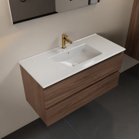 MONDIAZ AIVY 100cm badmeubel Mocha, wastafel glanzend wit keramiek midden 1 kraangat met spiegel