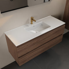 MONDIAZ AIVY 120cm badmeubel Mocha, wastafel glanzend wit keramiek midden 1 kraangat met spiegel