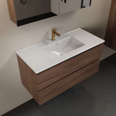 MONDIAZ AIVY 100cm badmeubel Mocha, wastafel glanzend wit keramiek midden 1 kraangat met spiegelkast