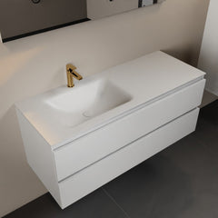 MONDIAZ AIVY 120cm badmeubel Talc, wastafel Talc solid surface links 1 kraangat met spiegel