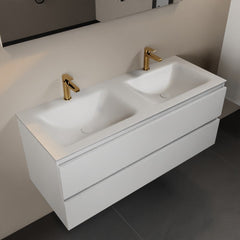 MONDIAZ AIVY 120cm badmeubel Talc, wastafel Talc solid surface dubbel 2 kraangaten