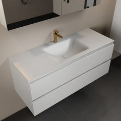 MONDIAZ AIVY 120cm badmeubel Talc, wastafel Talc solid surface midden 1 kraangat met spiegelkast