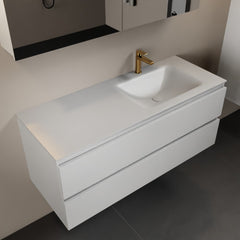 MONDIAZ AIVY 120cm badmeubel Talc, wastafel Talc solid surface rechts 1 kraangat met spiegelkast