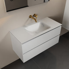 MONDIAZ AIVY 100cm badmeubel Talc, wastafel Talc solid surface midden zonder kraangat met spiegel