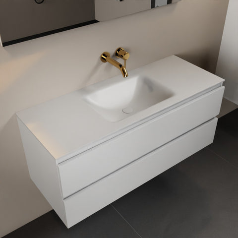MONDIAZ AIVY 120cm badmeubel Talc, wastafel Talc solid surface midden zonder kraangat met spiegel