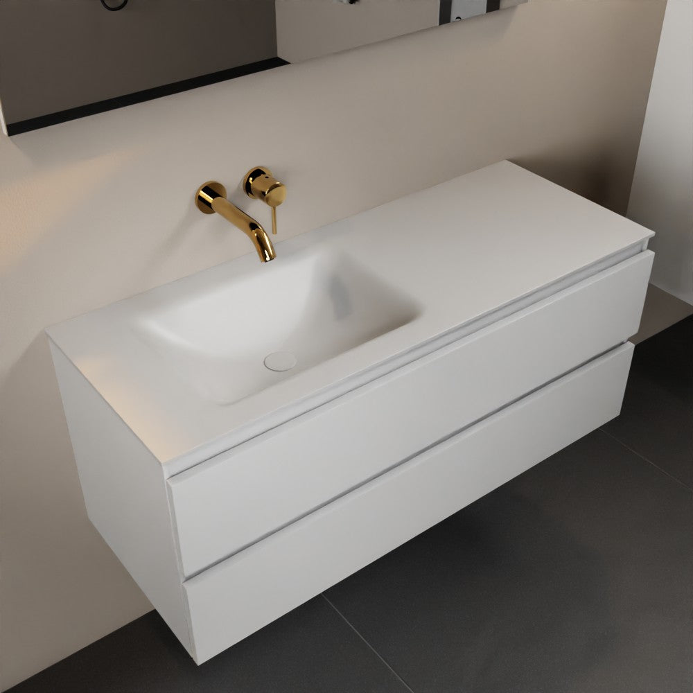 MONDIAZ AIVY 120cm badmeubel Talc, wastafel Talc solid surface links zonder kraangat met spiegel