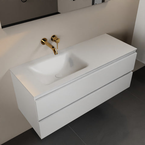 MONDIAZ AIVY 120cm badmeubel Talc, wastafel Talc solid surface links zonder kraangat met spiegel