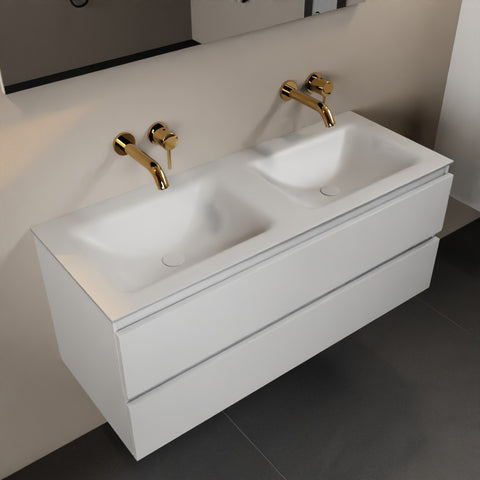MONDIAZ AIVY 120cm badmeubel Talc, wastafel Talc solid surface dubbel zonder kraangat met spiegel