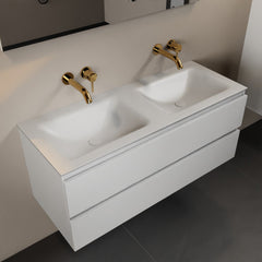 MONDIAZ AIVY 120cm badmeubel Talc, wastafel Talc solid surface dubbel zonder kraangat met spiegel