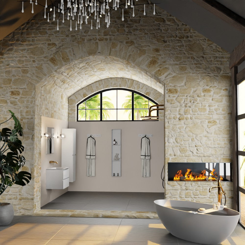 MONDIAZ AIVY 60cm badmeubel Talc, wastafel Talc solid surface midden zonder kraangat met spiegel