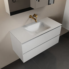 MONDIAZ AIVY 100cm badmeubel Talc, wastafel Talc solid surface midden zonder kraangat met spiegelkast