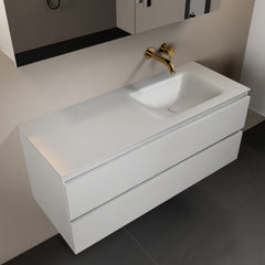 MONDIAZ AIVY 120cm badmeubel Talc, wastafel Talc solid surface rechts zonder kraangat met spiegelkast