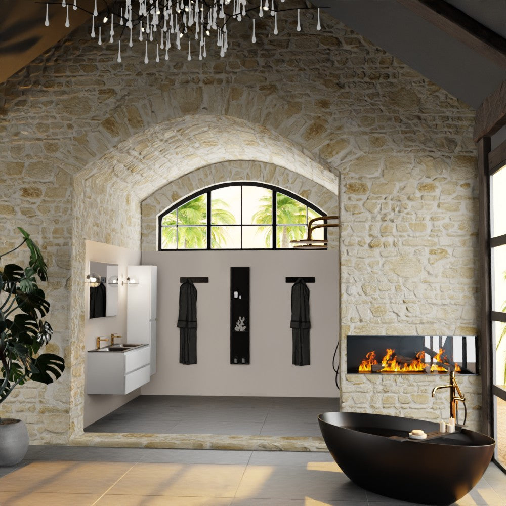 MONDIAZ AIVY 120cm badmeubel Talc, wastafel Urban solid surface dubbel 2 kraangaten met spiegel