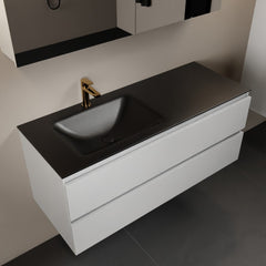 MONDIAZ AIVY 120cm badmeubel Talc, wastafel Urban solid surface links 1 kraangat met spiegelkast