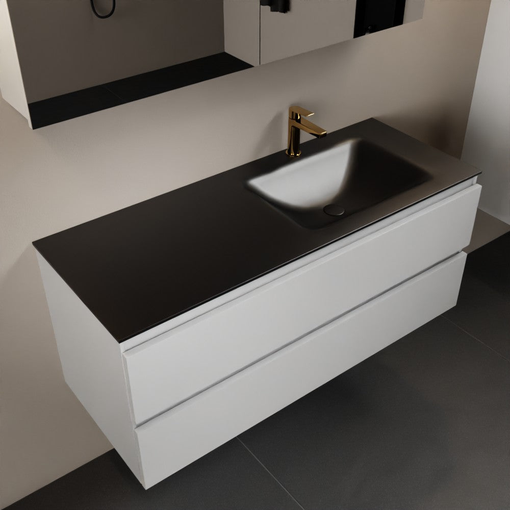 MONDIAZ AIVY 120cm badmeubel Talc, wastafel Urban solid surface rechts 1 kraangat met spiegelkast