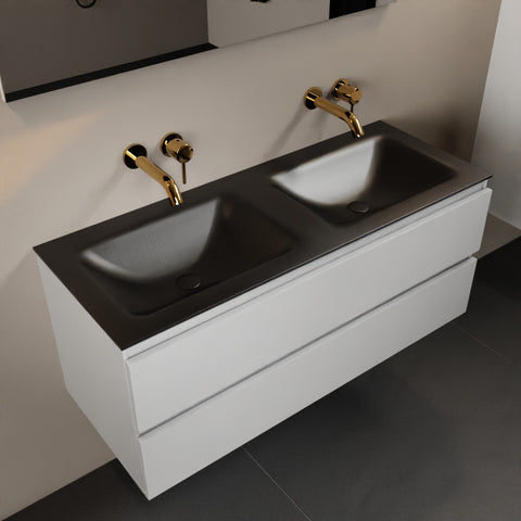 MONDIAZ AIVY 120cm badmeubel Talc, wastafel Urban solid surface dubbel zonder kraangat met spiegel