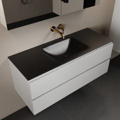 MONDIAZ AIVY 120cm badmeubel Talc, wastafel Urban solid surface midden zonder kraangat met spiegelkast