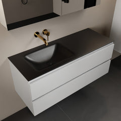 MONDIAZ AIVY 120cm badmeubel Talc, wastafel Urban solid surface links zonder kraangat met spiegelkast