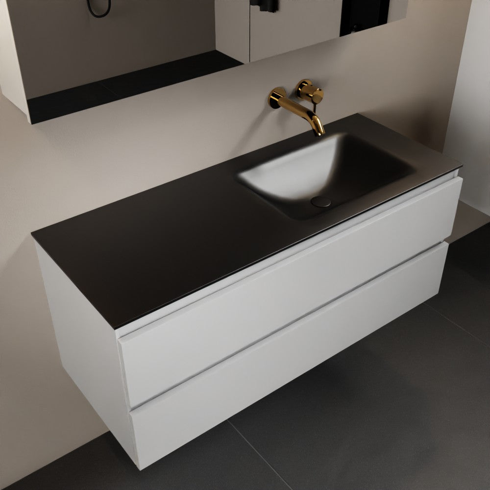 MONDIAZ AIVY 120cm badmeubel Talc, wastafel Urban solid surface rechts zonder kraangat met spiegelkast
