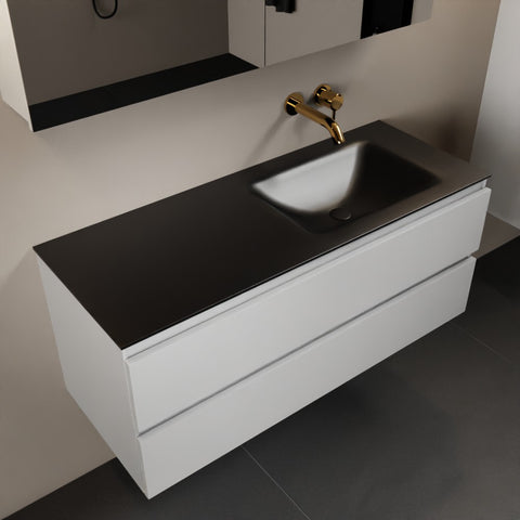 MONDIAZ AIVY 120cm badmeubel Talc, wastafel Urban solid surface rechts zonder kraangat met spiegelkast