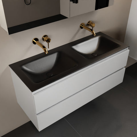 MONDIAZ AIVY 120cm badmeubel Talc, wastafel Urban solid surface dubbel zonder kraangat met spiegelkast