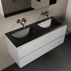 MONDIAZ AIVY 120cm badmeubel Talc, wastafel Urban solid surface dubbel zonder kraangat met spiegelkast