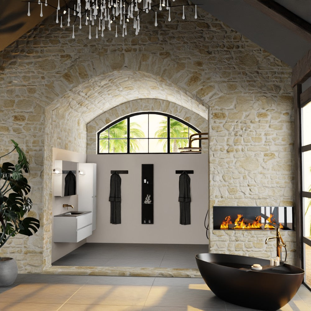 MONDIAZ AIVY 120cm badmeubel Talc, wastafel Urban solid surface midden zonder kraangat met spiegelkast