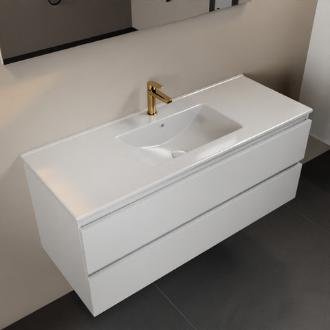 MONDIAZ AIVY 120cm badmeubel Talc, wastafel glanzend wit keramiek midden 1 kraangat met spiegel