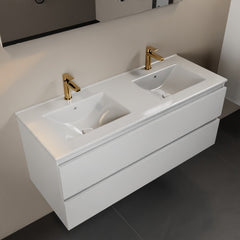 MONDIAZ AIVY 120cm bathroom vanity Talc, glossy white ceramic double sink 2 tap holes with mirror