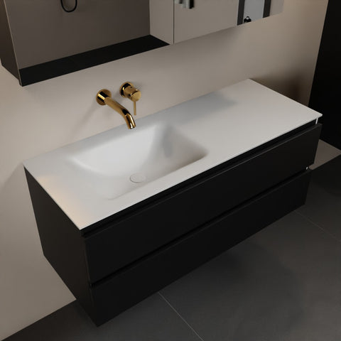 MONDIAZ AIVY 120cm badmeubel Urban, wastafel Talc solid surface links zonder kraangat met spiegelkast