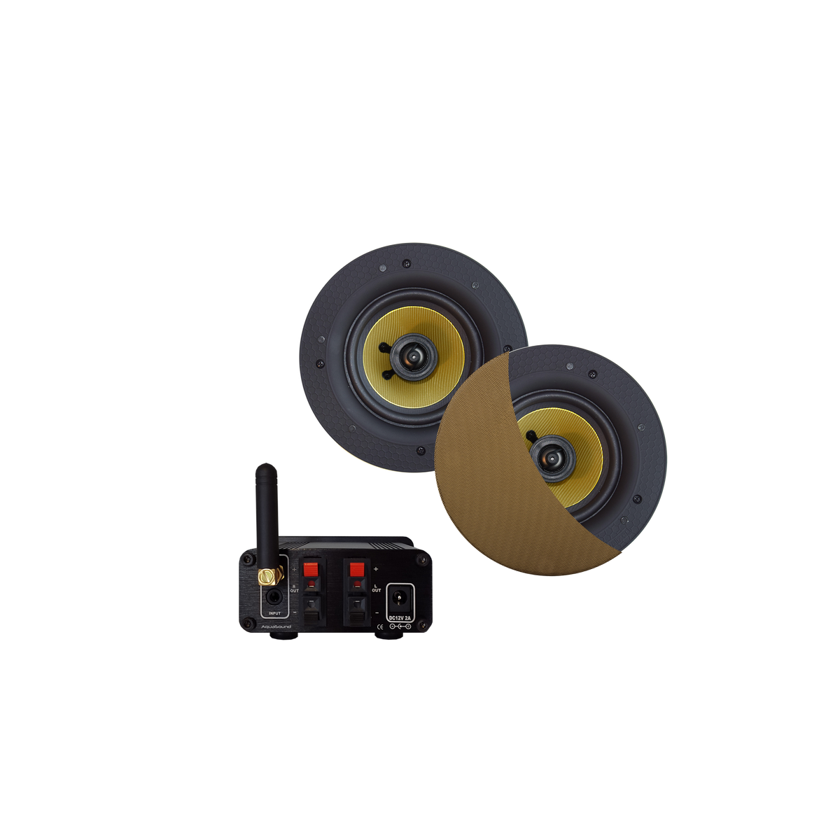 BLUETOOTH AUDIOSYSTEEM (30 WATT / BT4.0 / AUTO-AUX)  MET RUMBA SPEAKERSET (BRUSHED BRONZE), 230V/12V