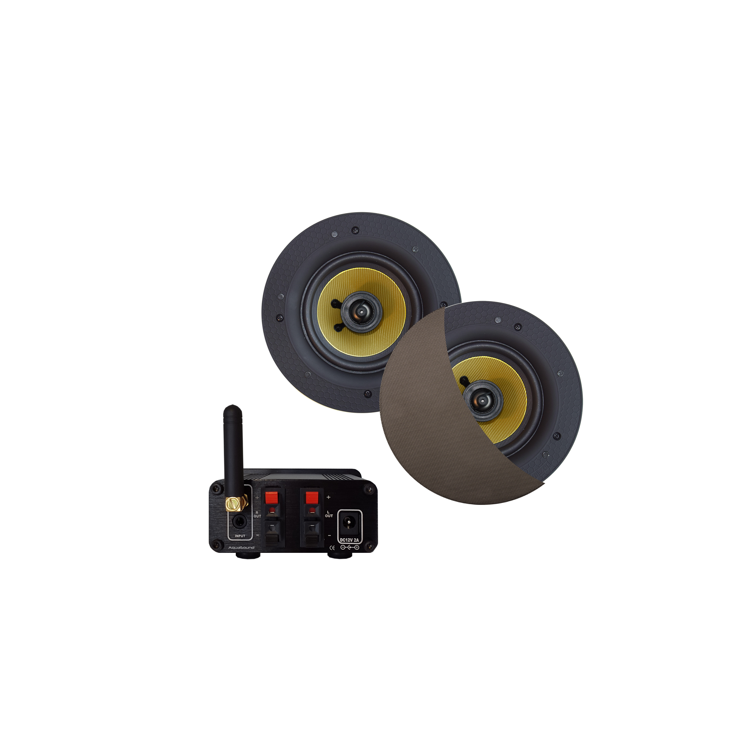 BLUETOOTH AUDIOSYSTEEM (30 WATT / BT4.0 / AUTO-AUX)  MET RUMBA SPEAKERSET (INOX/RVS LOOK), 230V/12V