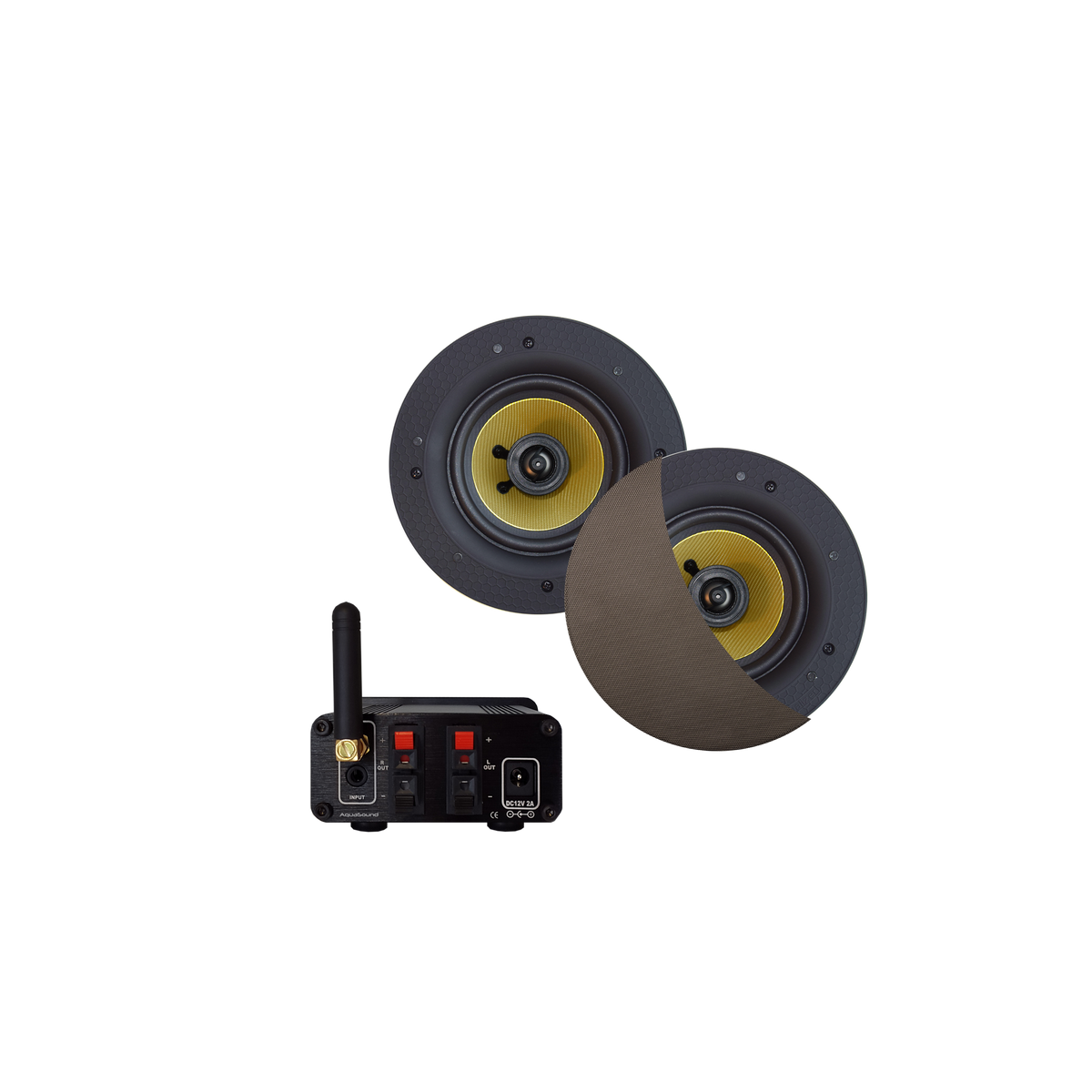 BLUETOOTH AUDIOSYSTEEM (30 WATT / BT4.0 / AUTO-AUX)  MET RUMBA SPEAKERSET (INOX/RVS LOOK), 230V/12V