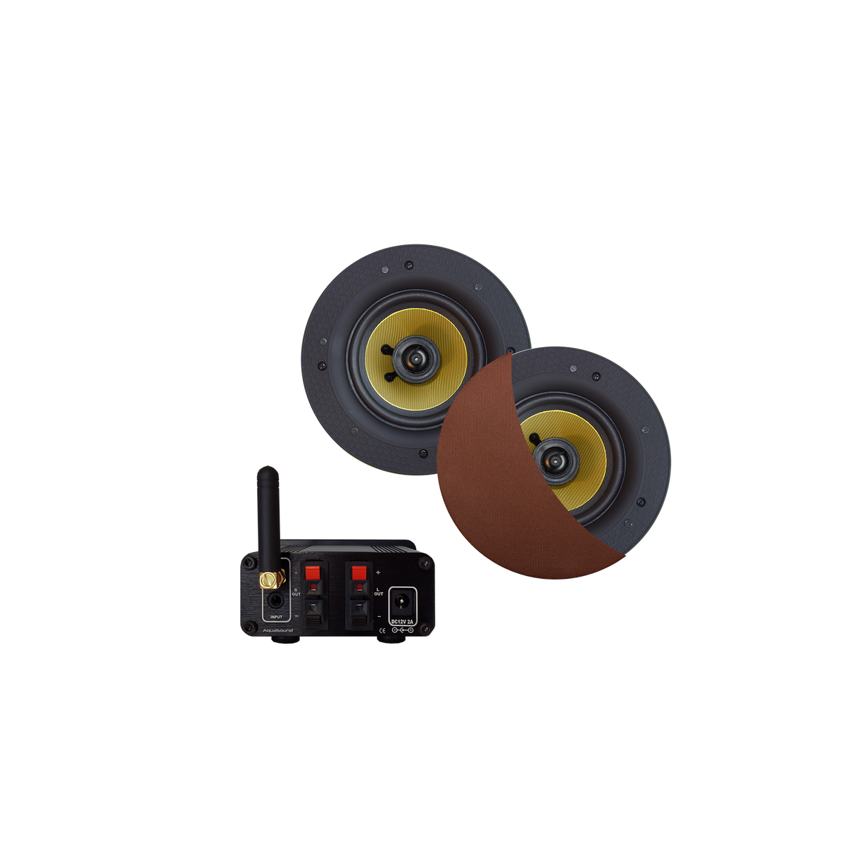 BLUETOOTH AUDIOSYSTEEM (30 WATT / BT4.0 / AUTO-AUX)  MET RUMBA SPEAKERSET (BRUSHED COPPER), 230V/12V